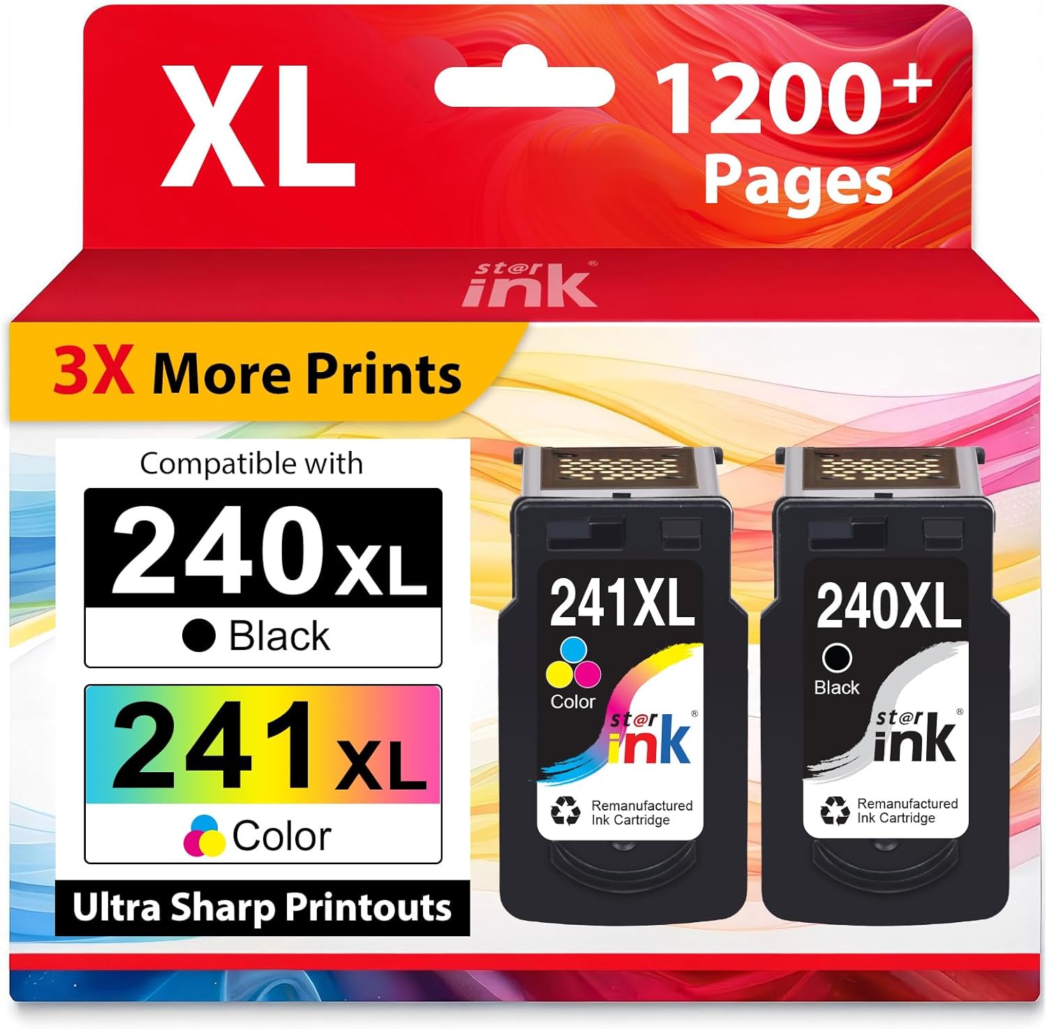 Starink PG-240XL CL-241XL Ink Cartridge High Yield Replacement for Canon 240XL 241XL Combo Pack Work with PIXMA MG3620 MG3520 MG3220 MG2120 MX472 MX452 MX532 TS5120 Printers (1 Black, 1 Tri-Color)