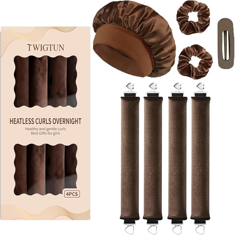 Heatless Curls, Heatless Curls Overnight Hair Care Set - Jumbo Velvet Hair Curlers to Sleep In with Satin Sleep Bonnet Set， No Heat Damage Blowout Rollers for Long Thick Fine Hair, Brown