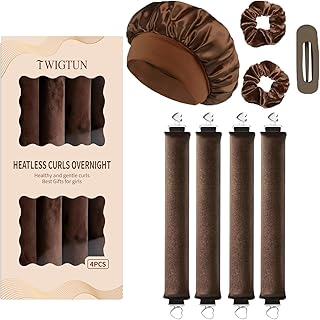 Heatless Curls, Heatless Curls Overnight Hair Care Set - Jumbo Velvet Hair Curlers to Sleep In with Satin Sleep Bonnet Set， No Heat Damage Blowout Rollers for Long Thick Fine Hair, Brown