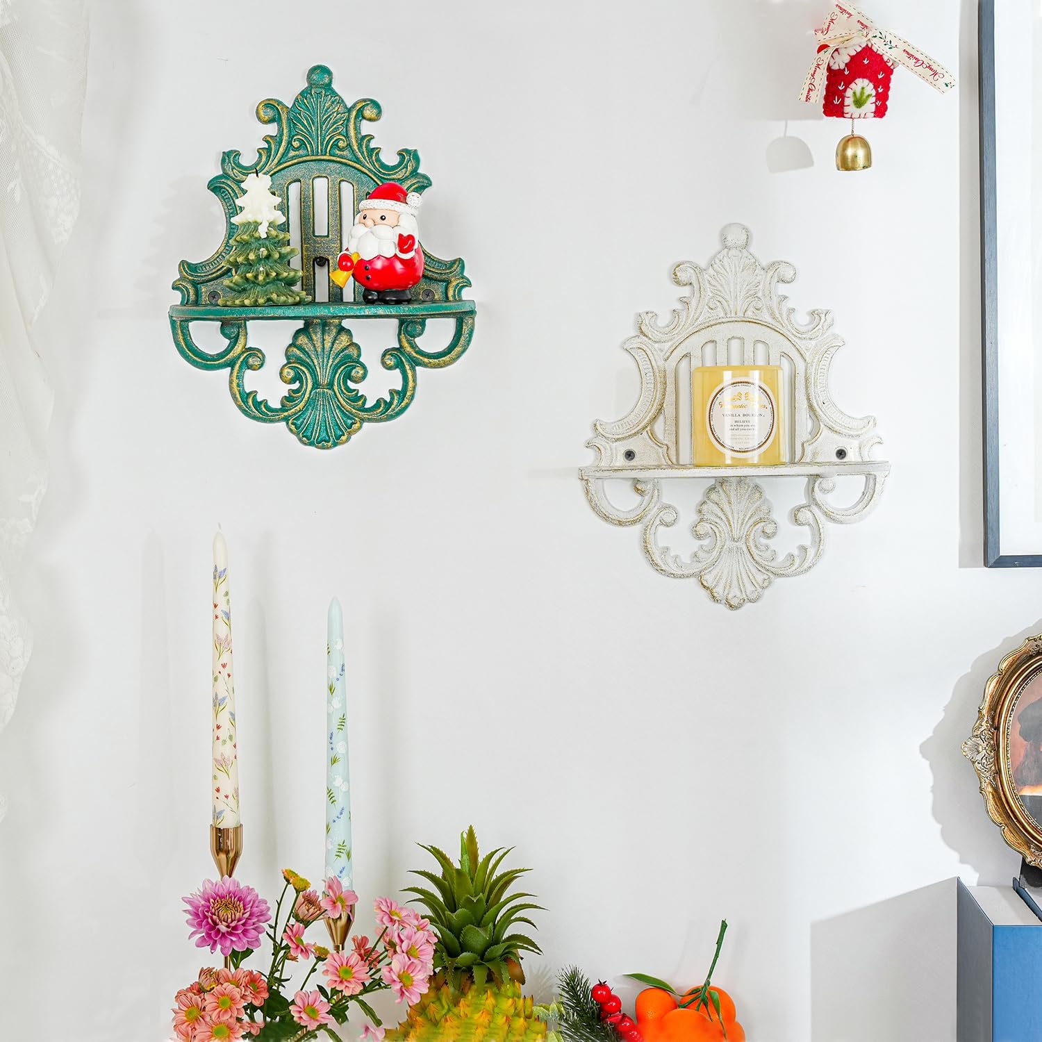 Sungmor 2PC Gothic Floating Shelves for Wall, Heavy-duty Cast Iron Wall Mounted Shelf, Small Old-fashioned Wall Display Ledges, Pretty Greenish-blue Wall Hanging Shelves for Indoor Outdoor Wall Decor