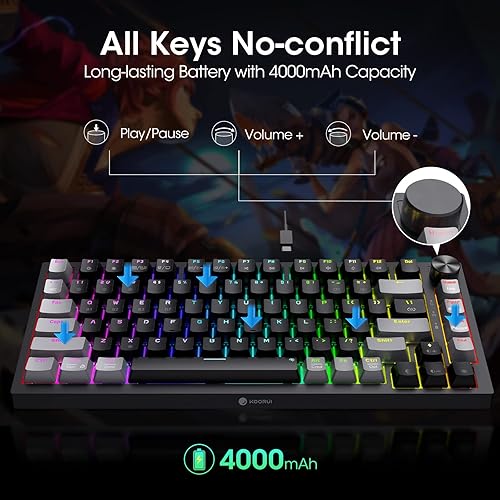 Miniatura 4 de KOORUI Teclados para juegos, 82 teclas, teclado mecánico de 26 teclas con retroiluminación RGB, compatible con Bluetooth2.4GhzUSB, batería