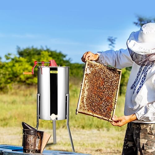 Miniatura 8 de VEVOR Extractor de miel, extracción manual de apicultura de acero inoxidable de 2/4 marcos, tambor giratorio de panal con tapa transparente,