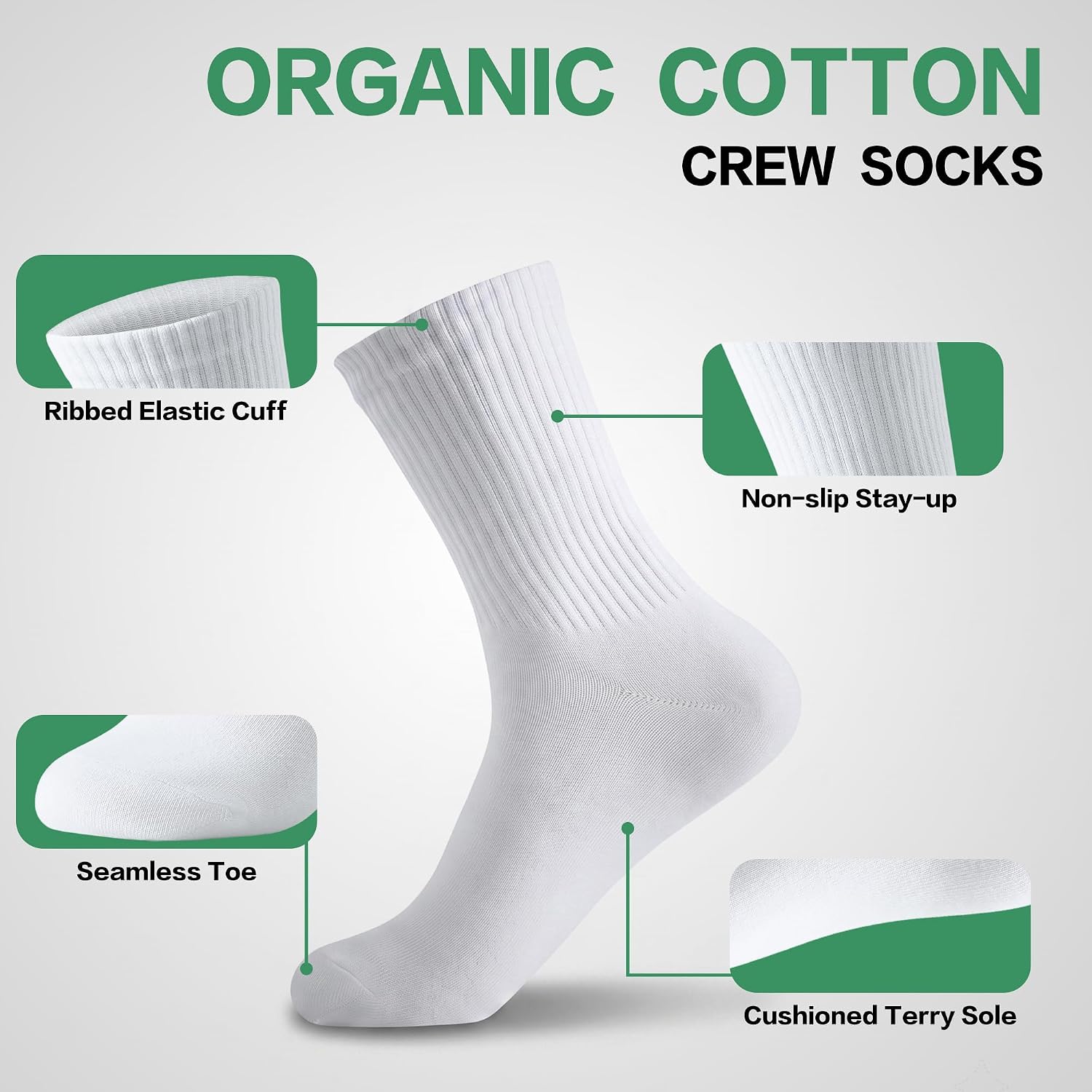 Men's Organic Cotton Crew Socks, Soft & Breathable Casual Calf Socks, 6 Pairs