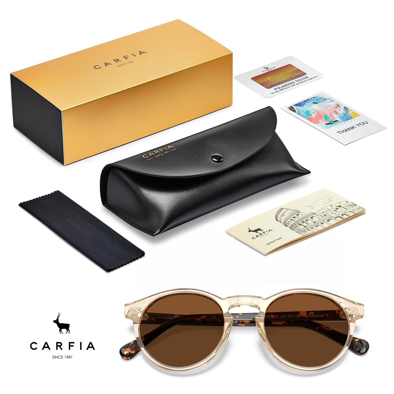 CARFIA Rund Sonnenbrille Herren Polarisiert Vintage Acetat-Rahmen | UV400-Schutz, Für Fahren Reisen Alltag Outdoor,Einteilige Nasenauflage，Bequem mit Brillenetui，Ideal als Geschenk