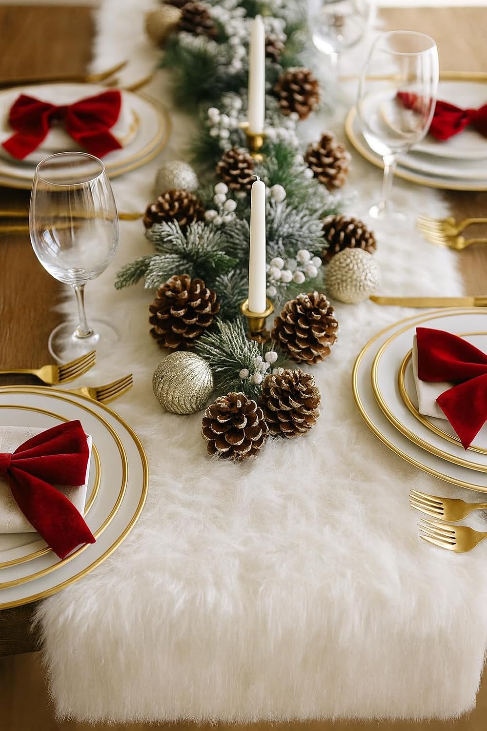 Fennco Styles Elegant White Faux Fur Table Runner 15" X 120" - Solid Color Table Cover for Home, Dining Room, Banquets, Holiday, Special Occasion