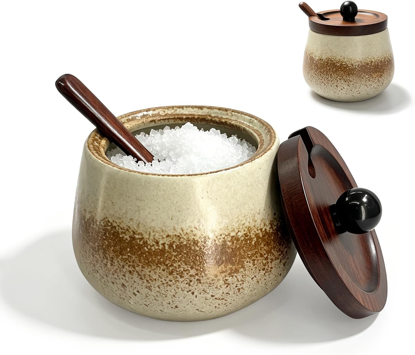 9.5 oz Salt Cellar with Lid and Spoon – Ceramic Salt Container for Kitchen Counter, Spice Jar for Salt, Sugar, Pepper
