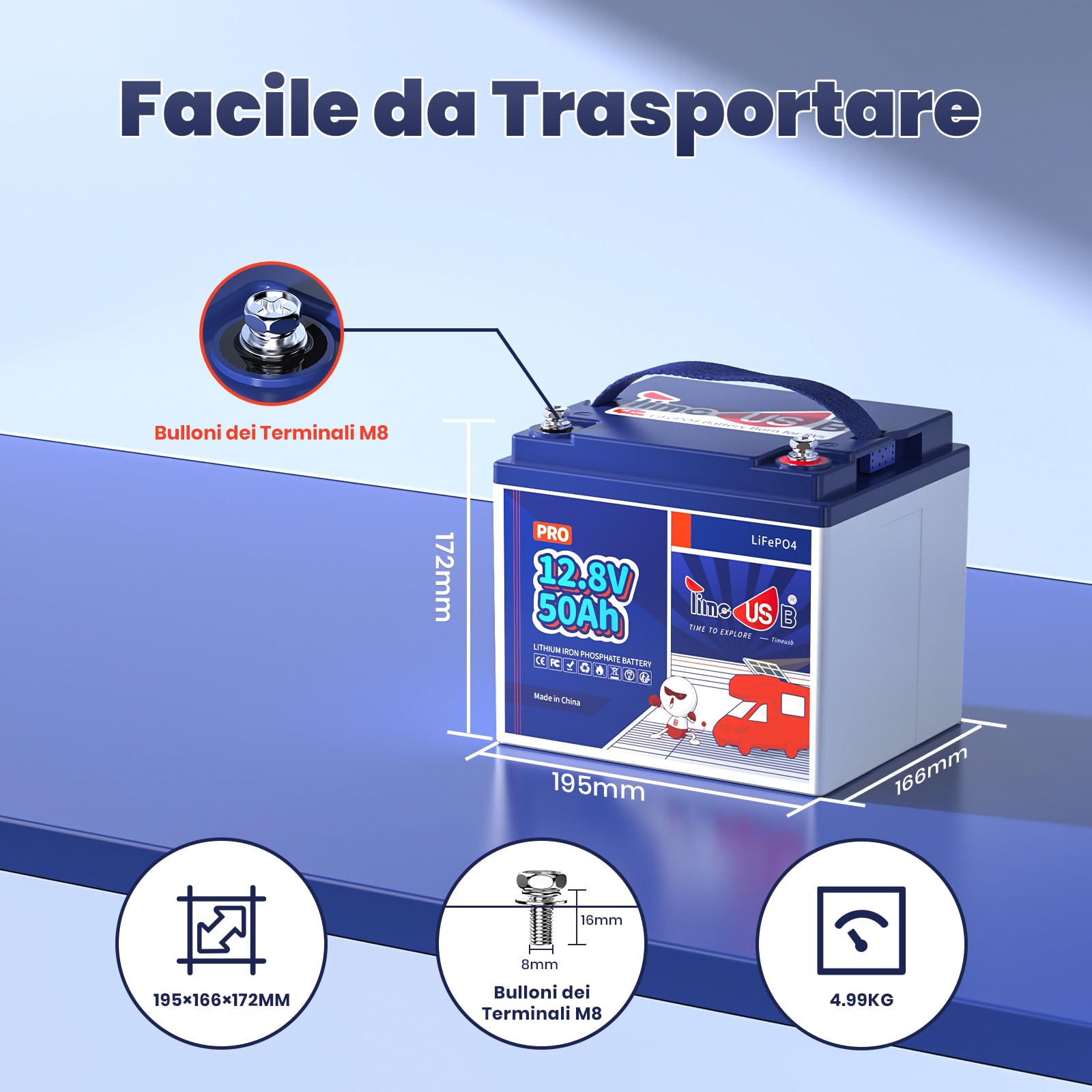 Timeusb Batteria Litio 12V 50Ah LiFePO4,640Wh per Camper e Pannelli Solari | 50A BMS con 15.000 Cicli Profondi,Batteria Ricaricabile Perfetta per RV,Off-Grid,Sistema Solare,Barca,Trolling Motor