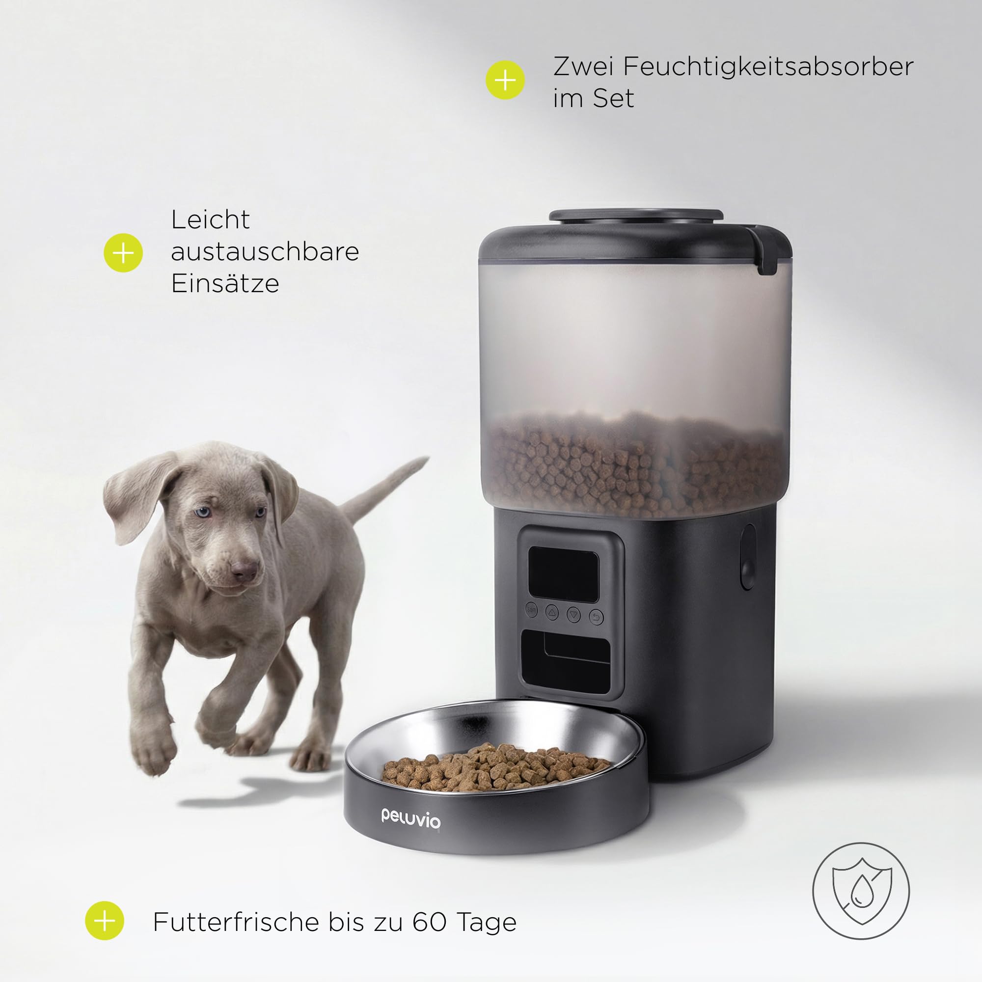 Crispy Futterautomat für Hunde, Automatischer Futterspender Hund mit Timer, bis zu 4 Mahlzeiten, Notstrom mit Batterie, USB-C, LCD Display, Edelstahl Napf, 4,5 L für Trockenfutter 5-15 mm
