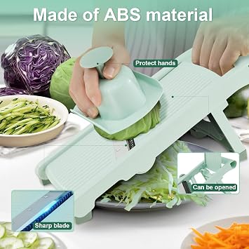 Mandoline Slicer, Foldable Vegetable Cutter, Space Saving Mandoline Cutter, Easy to Use, Kitchen Food Slicer for for Potato, Onion, Cucumber, Cabbage, Send Hand Guard(Green)