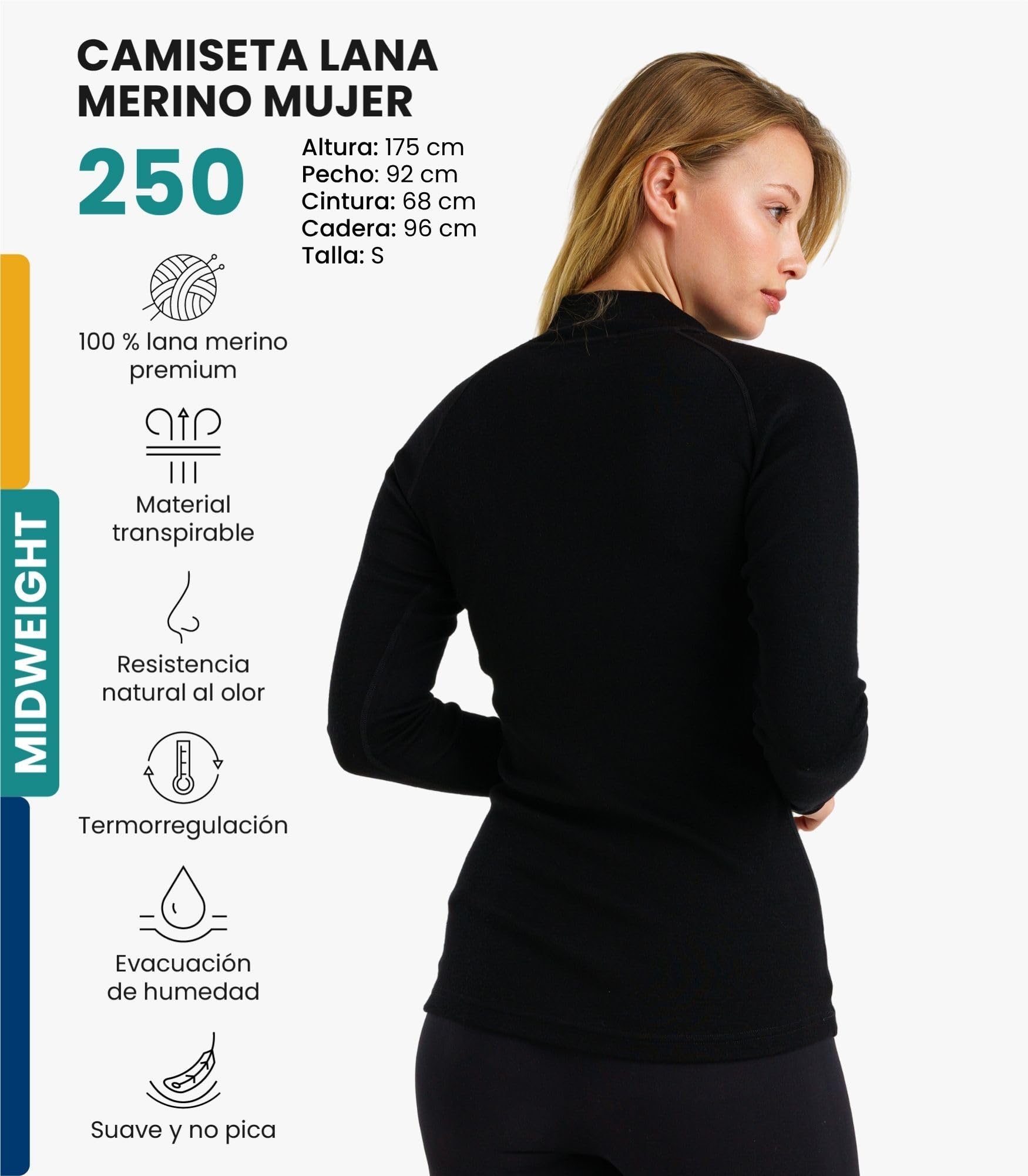 Merino.tech Camiseta Lana Merino Media Cremallera Mujer Transpirable Suave Cálida