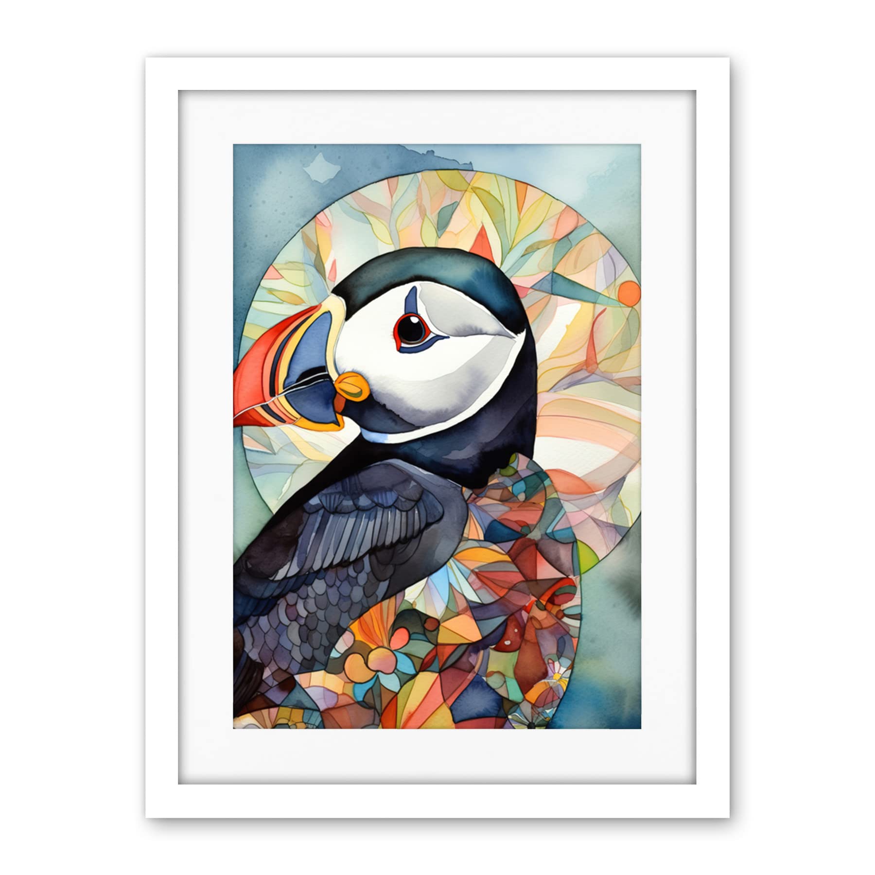Artery8 Puffin Bird Portrait Folk Art Artwork Framed Wall Art Print 18X24 Inch