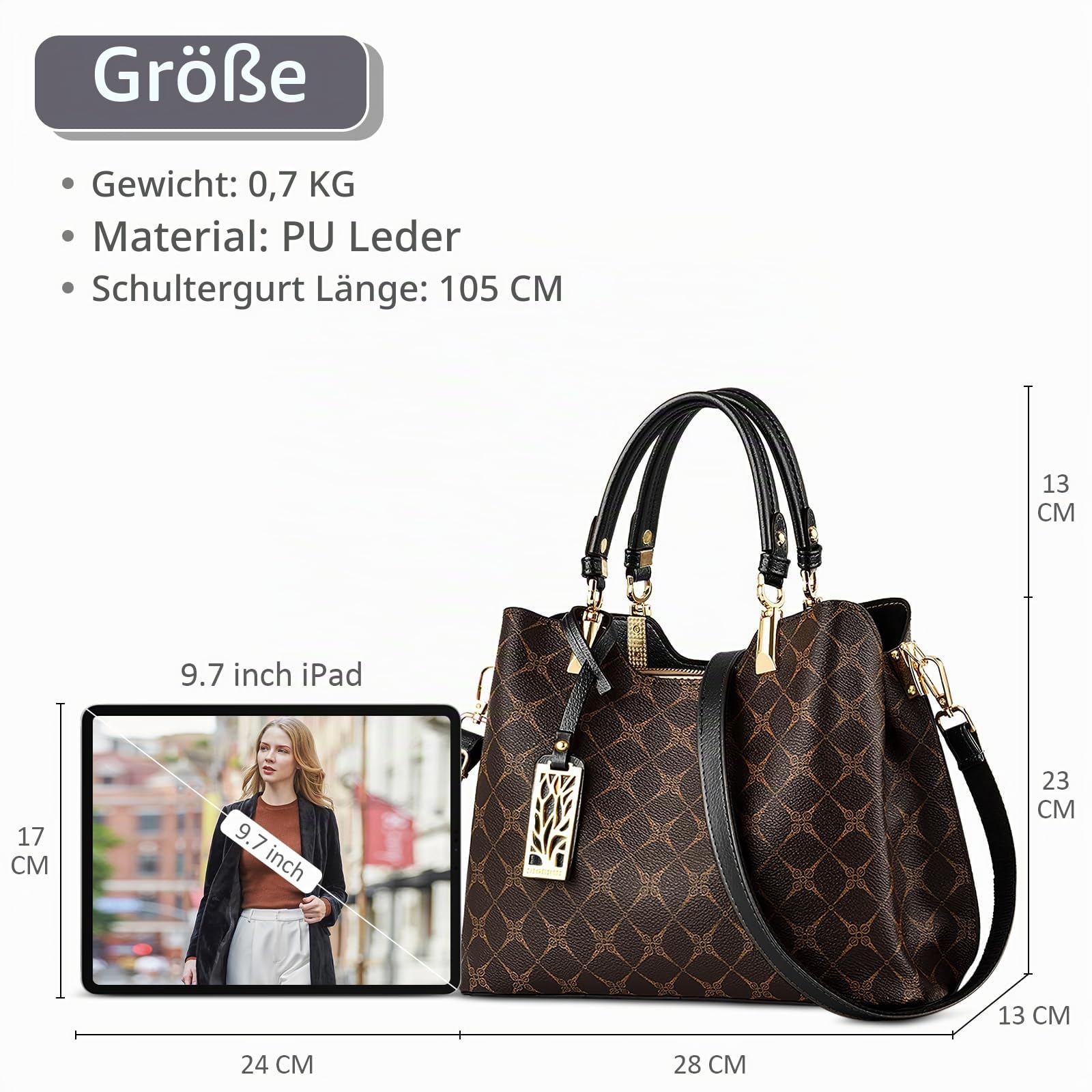 DIRRONA Damen Handtasche Mittel Schultertasche Casual Umhängetasche PU Leder Tasche Shopper Party Top Tragetasche Eleganter Druck Frauen Henkeltaschen Mit Anhänger