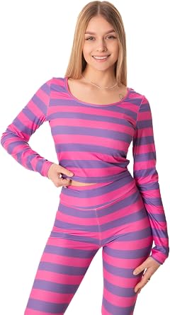 Cosplaya Womens Pink and Purple Striped Cat Costume - Crop Top Shirt and Leggings Animal Halloween Cosplay 2024