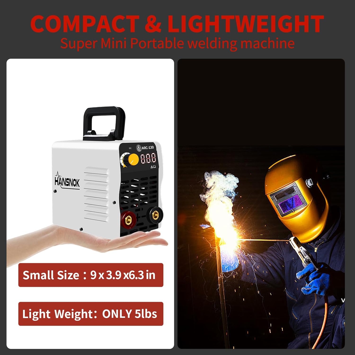 HANSNOK 130A Mini Stick Welder Super MINI Portable 110V ARC Welding Machine IGBT Inverter with Hot Start & Anti-Stick Small Welder for Beginners for 1/16"-1/8" Rod ARC Welder, 2 Chip Hammers