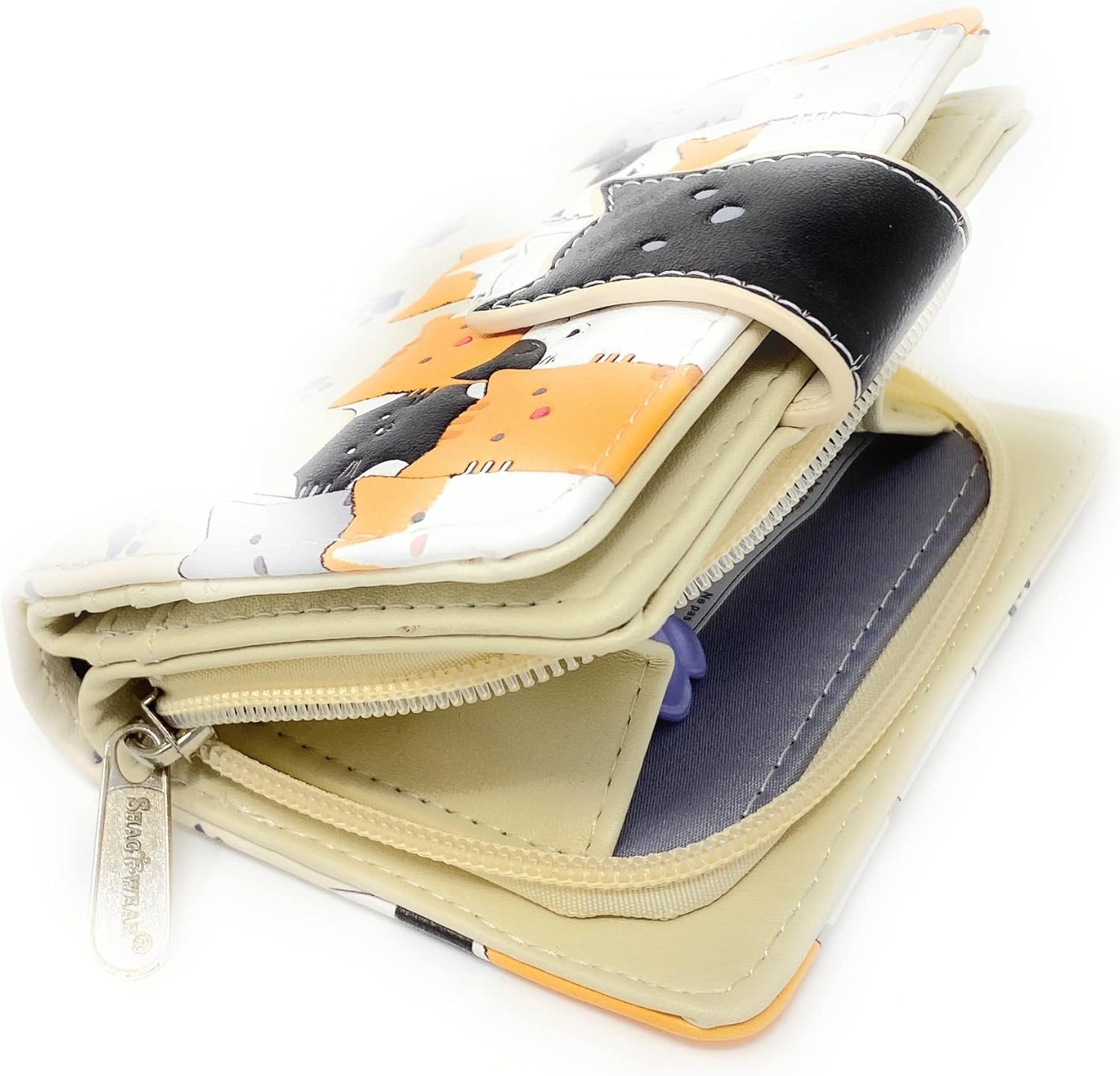 Shag Wear Kitty Crowd Small Wallet Vegan Faux Leather Cat Design Compact Purse with Card Slots ID Window Bill Pocket Zippered Coin Section 4.5" Beige - Image 4