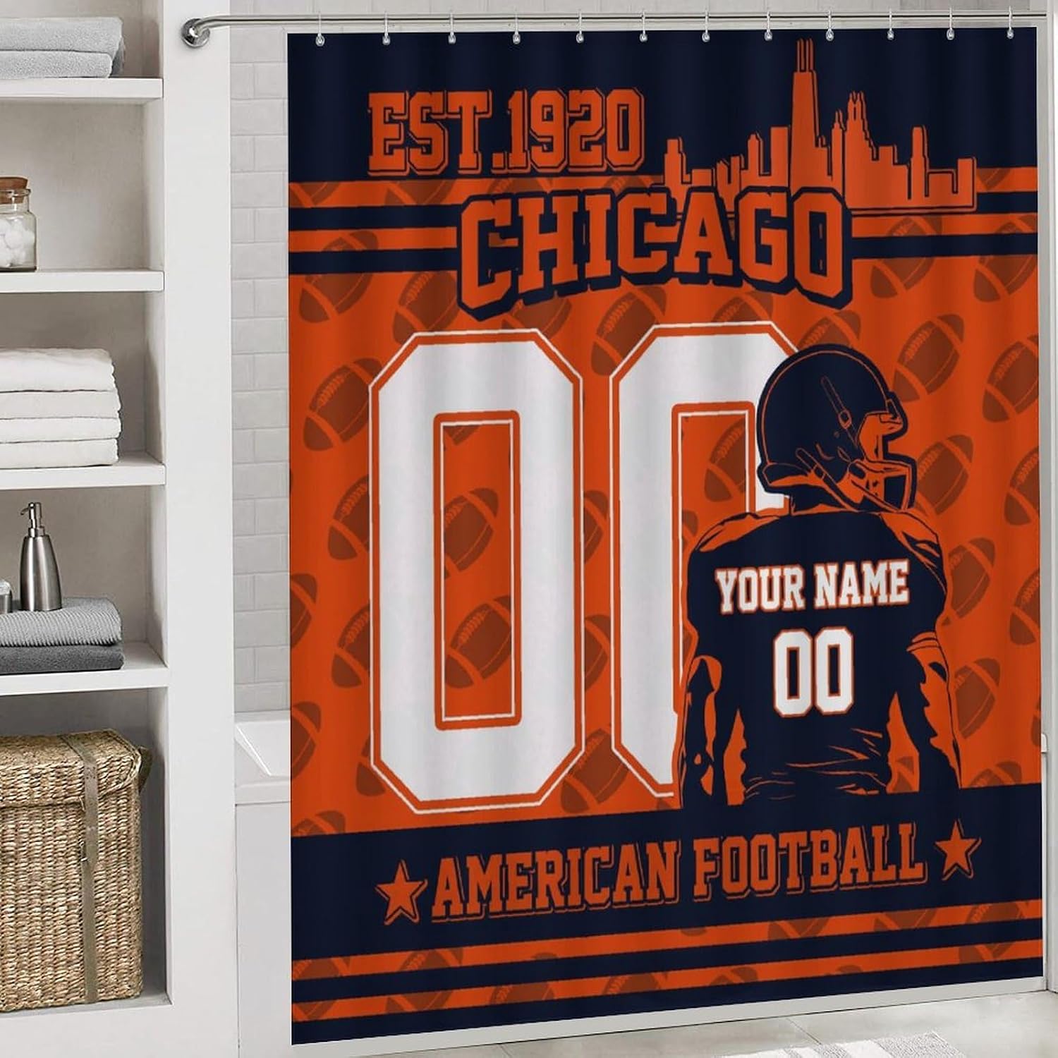 Custom Chicago Style Shower Curtain 4-Set American Football Style Bathroom Decor Set with Non-Slip Bath Mat,U-Shaped Rug,Toilet Cover, Personalized Name Number, Sports Fan Gift for Men Women