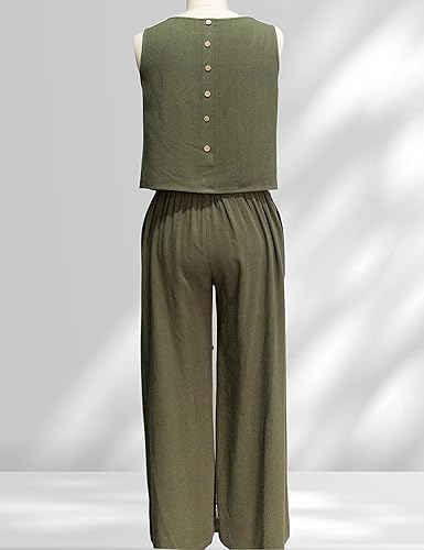 Miniatura 5 de InterNos Conjunto de 2 piezas de verano para mujer, sin mangas, con botones en la espalda, pantalones cortos de pierna ancha, conjunto de lino
