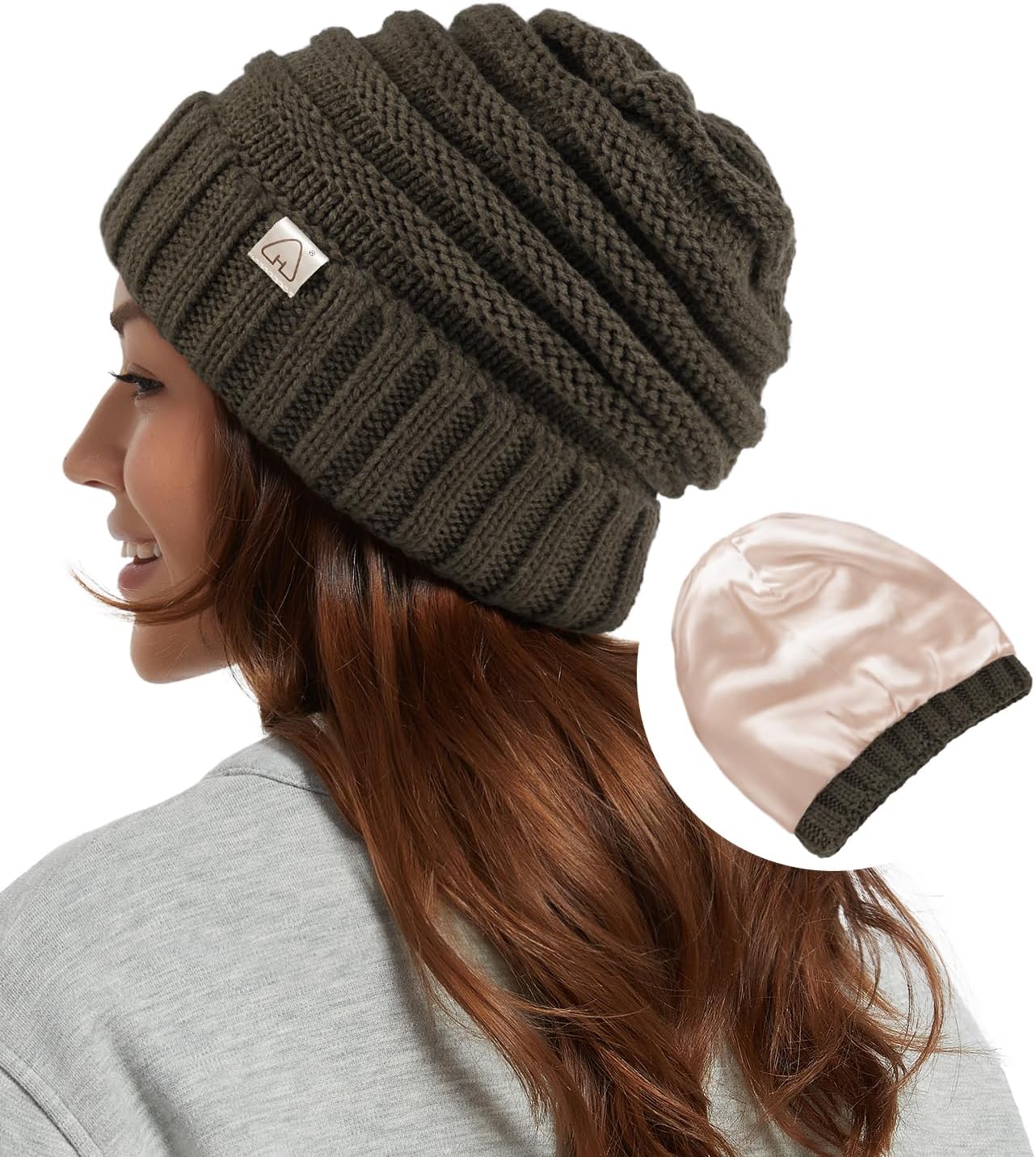 XRDSS Satin Lined Slouchy Beanie - Cable Knit Winter Hat For Women & Men, Warm Acrylic With Silk Lining (Green)