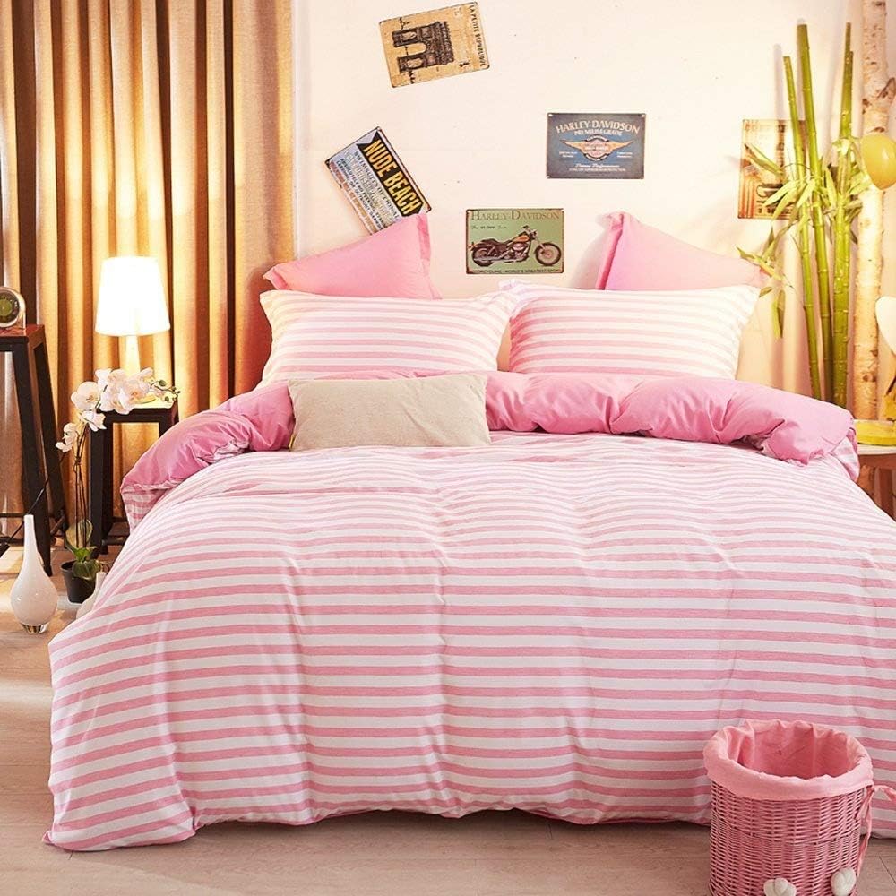 ZHIMIAN Reversible 3 Piece Striped Print Duvet Cover Set with Zipper Closure(1 Duvet Cover + 2 Pillow Shams),Ultra Soft(King Pink)