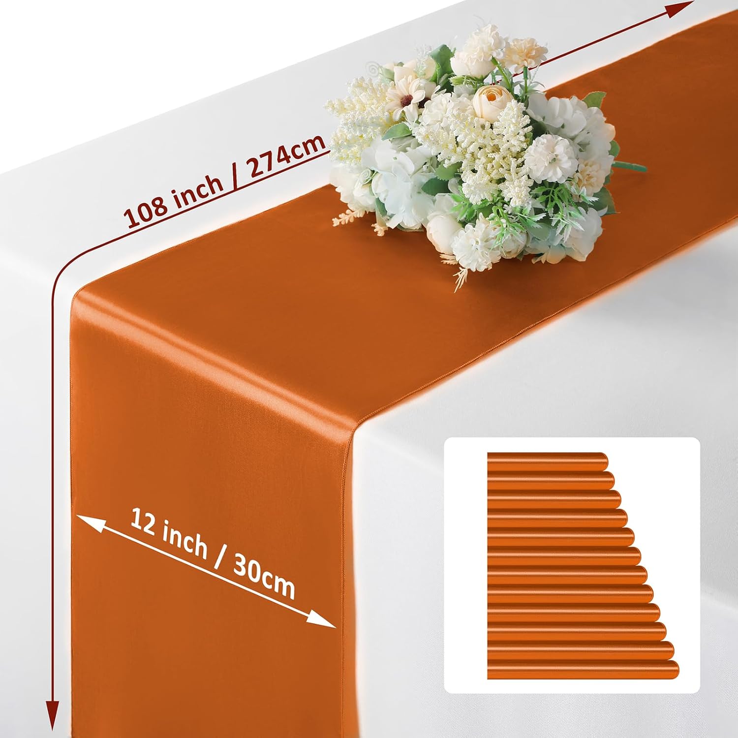 Manyshofu 12Pcs Satin Burnt Orange Table Runner - 12 x 108 Inch Long Size, Party Table Runner Decor Bright & Smooth Wedding Decorations Table Runners for Banquet Chef Birthday Buffet Dinner