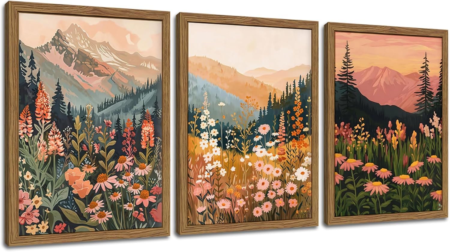 lianyibo Boho Colorful Landscape wall art Wildflower Mountain Wall Decor Nature Pictures Canvas Prints for Living Room Bedroom Bedroom (50 x 75 cm x 3/bez ramki)