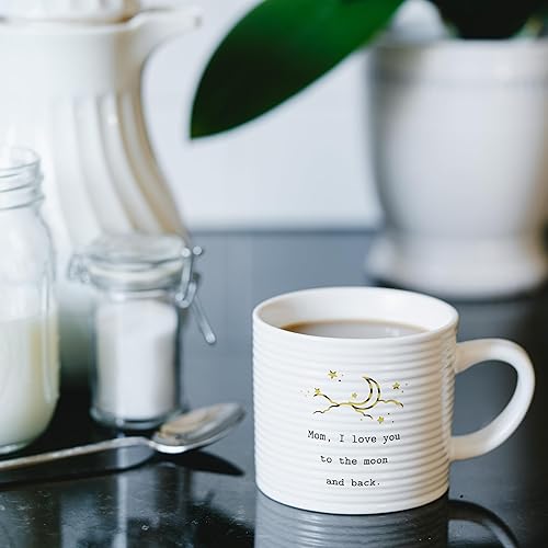 Miniatura 9 de Pavilion Gift Company Taza de café con texto en inglés "Mom I Love You to The Moon and Back", de 10 onzas, color blanco y dorado