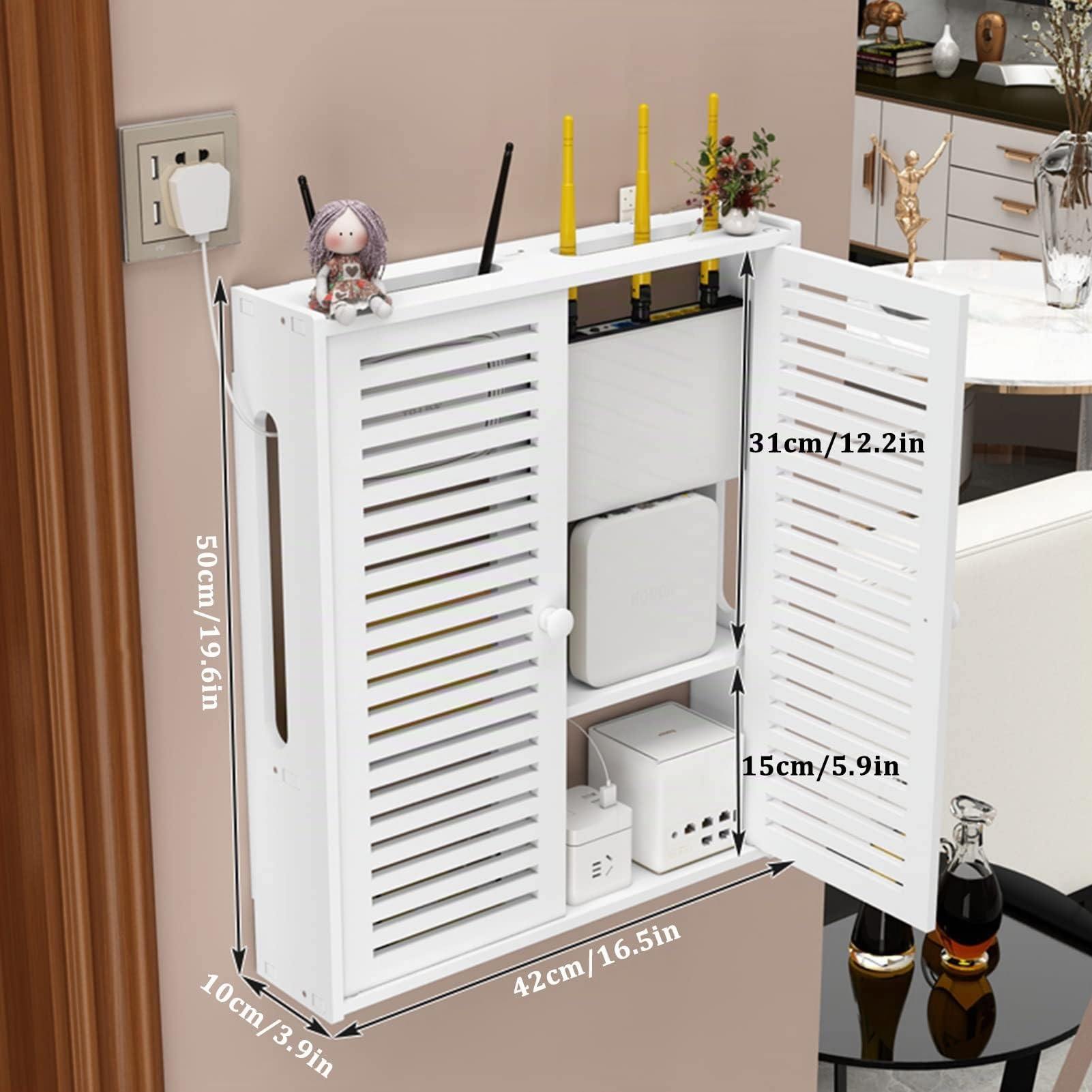 Wandhalterung WiFi Router Box Jalousien Dekoration Schwebende Regale Wandregal Steckdosenleiste Schutz Hider Router Rack Desktop Aufbewahrungsschrank (Color : Weiß, S : 42x10x51cm)