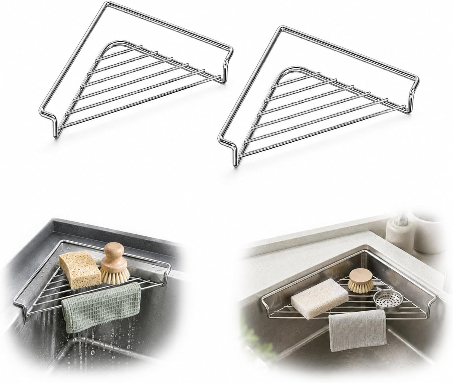 Stainless Steel Corner Sink Shelf for Kitchen Storage (2,Silver) | Stainless Steel Corner Sink Drying Rack keeps sponges and brushes organized while allowing drainage in compact sink areas