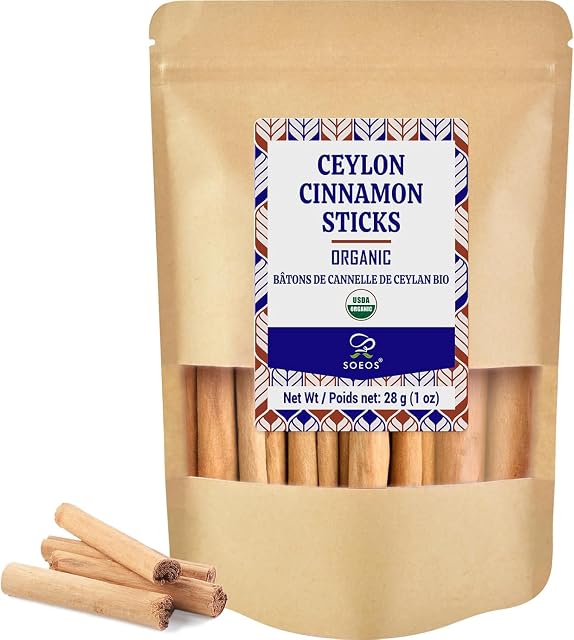 Soeos Organic Ceylon Des bâtons de cannelle, 28g (1oz) Boîte de 1, Cinnamon véritable Ceylan, bâtons entiers premium pour le cuisson, la cuisson, les boissons, l'aromatique et naturellement l'épice sucrée.