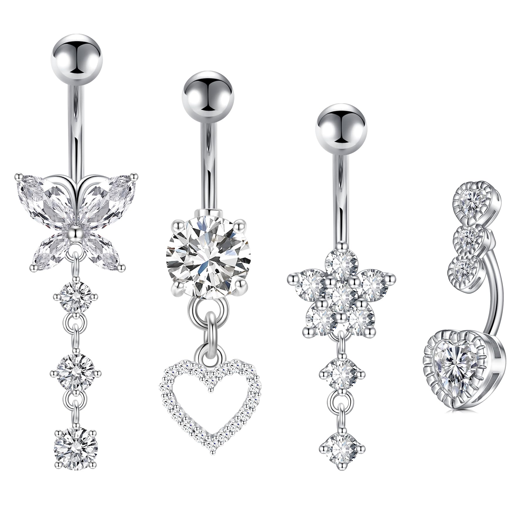JFORYOU Piercing para ombligo de acero inoxidable de 14 g, con circonita cúbica, diseño de mariposa, joyería para mujer, oro y plata