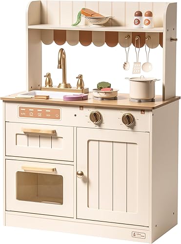 Miniatura 10 de ROBUD Juego de cocina de madera para niños, juego de juguetes de cocina con grifo dorado, fregadero, horno, estufa, gabinete, estilo vintage, regalo