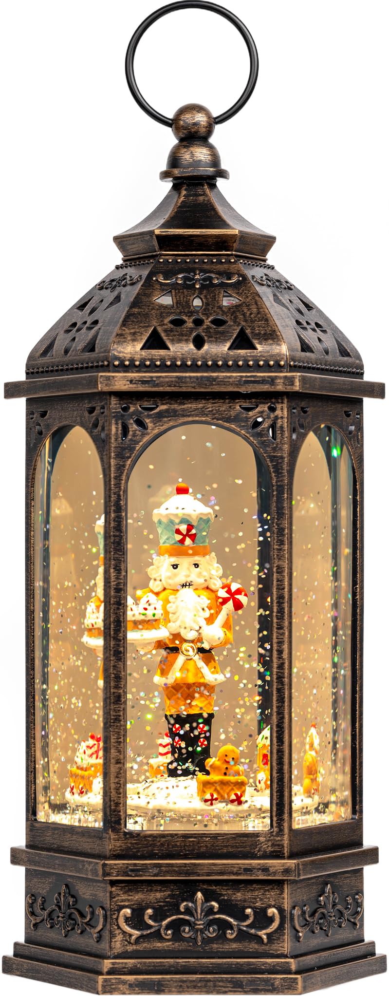 Animated Gingerbread Nutcracker with Moving Figurines Lighted Water Lantern, USB Lined/Battery Operated Snow Globe for Christmas Festival Decoration Gifts