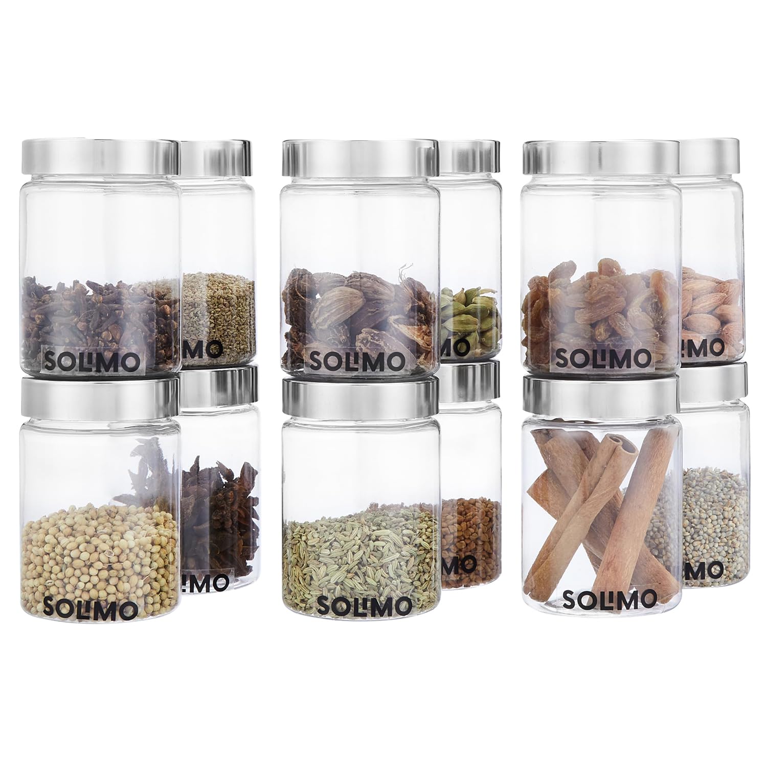 Amazon Brand - Solimo Plastic Storage Jar & Containers With Steel Cap Jar | Air Tight & BPA Free Food-Grade Container | Kitchen Container Set | Multipurpose Jar | 300 ML Set 12 | Steel Lid