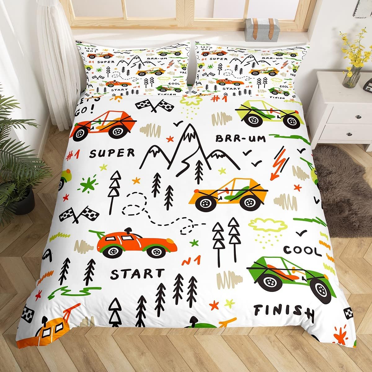 Truck Excavator Comforter Cover for Kids Boys Girls Cartoon Cars Duvet Cover Tractor Engineering Vehicle Bedding Set Construction Bedroom Decor Quilt Cover with 2 Pillowcases 3Pcs Bedding Queen
