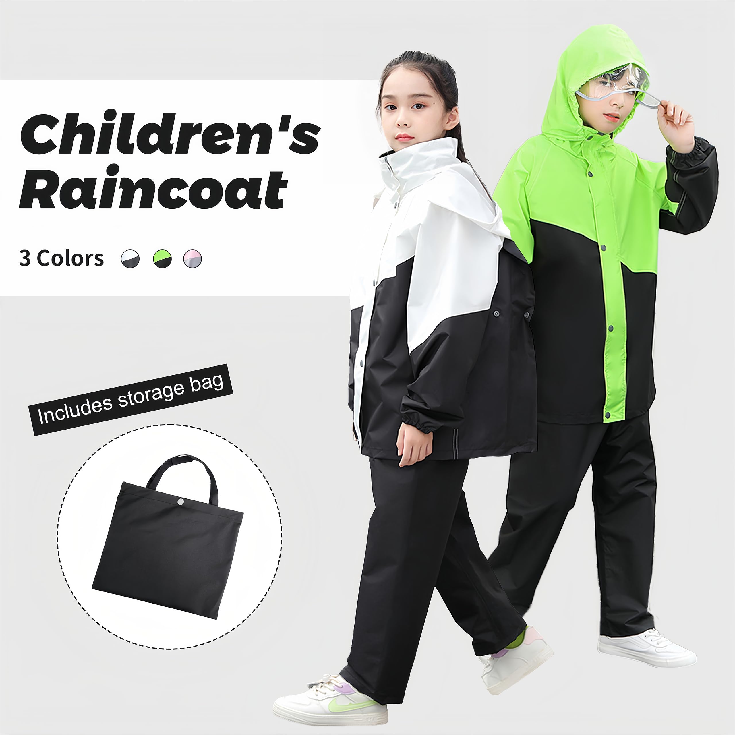 Volunboy Enfants Imperméable à Capuche Boutons Manteau Veste de Pluie et Pantalon Combinaison pour Fille Garçon