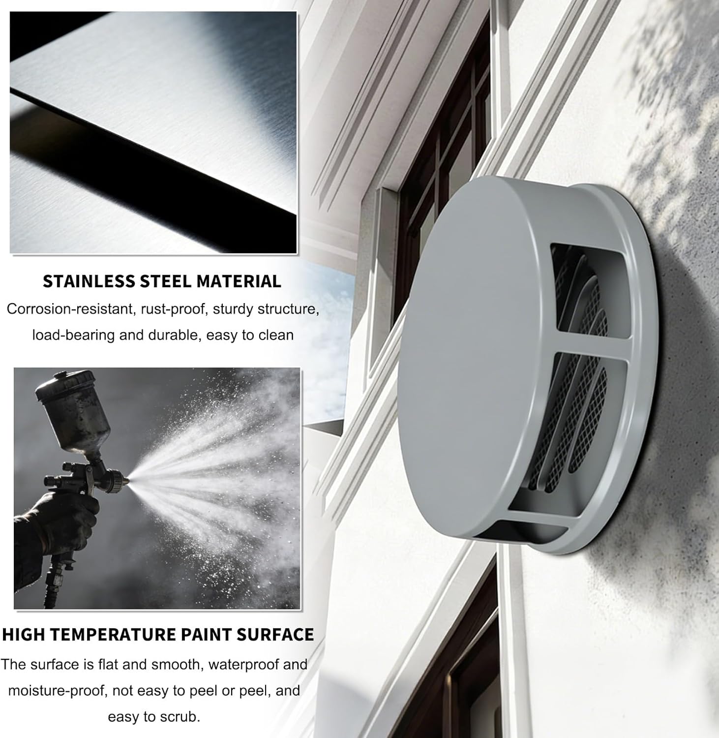 304 Stainless Steel Louver Grille Cover with Built-in Fine Mesh, Exterior Round Vent Cover for House Ventilation, 3~8 Inch Soffit Vents for Bathroom Kitchen Garage Attic