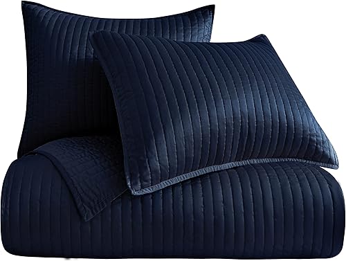 Miniatura 3 de HiEnd Accents - Juego de edredón de 3 piezas con fundas de almohada, tamaño Super Queen, color azul sólido, ropa de cama de lujo de estilo