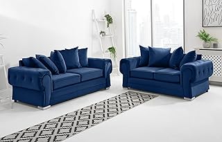 Sofahub Verona Blue Plush Velvet 3 Seater Sofa Set - 2 Seater Sofa Set with Foam Cushions - Transform Your Living Room with Stylish Sofas & Couches - With Scatterback Cushions (Blue, 3 + 2 Seater)