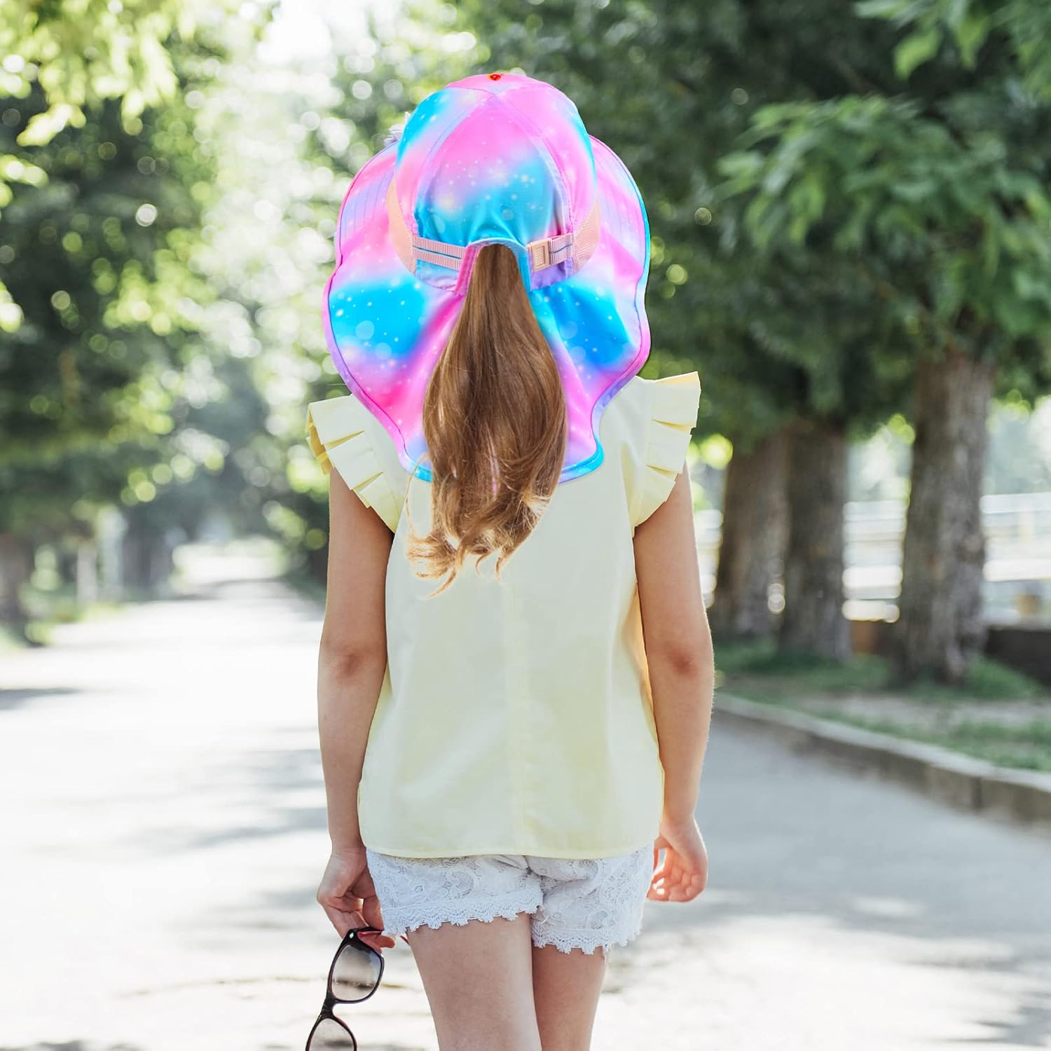 Toddler Sun Hat Kids Sun Hat for Girls UV Protection Summer Hat Ponytail Beach Bucket Cap for 3-8 Years - Image 7