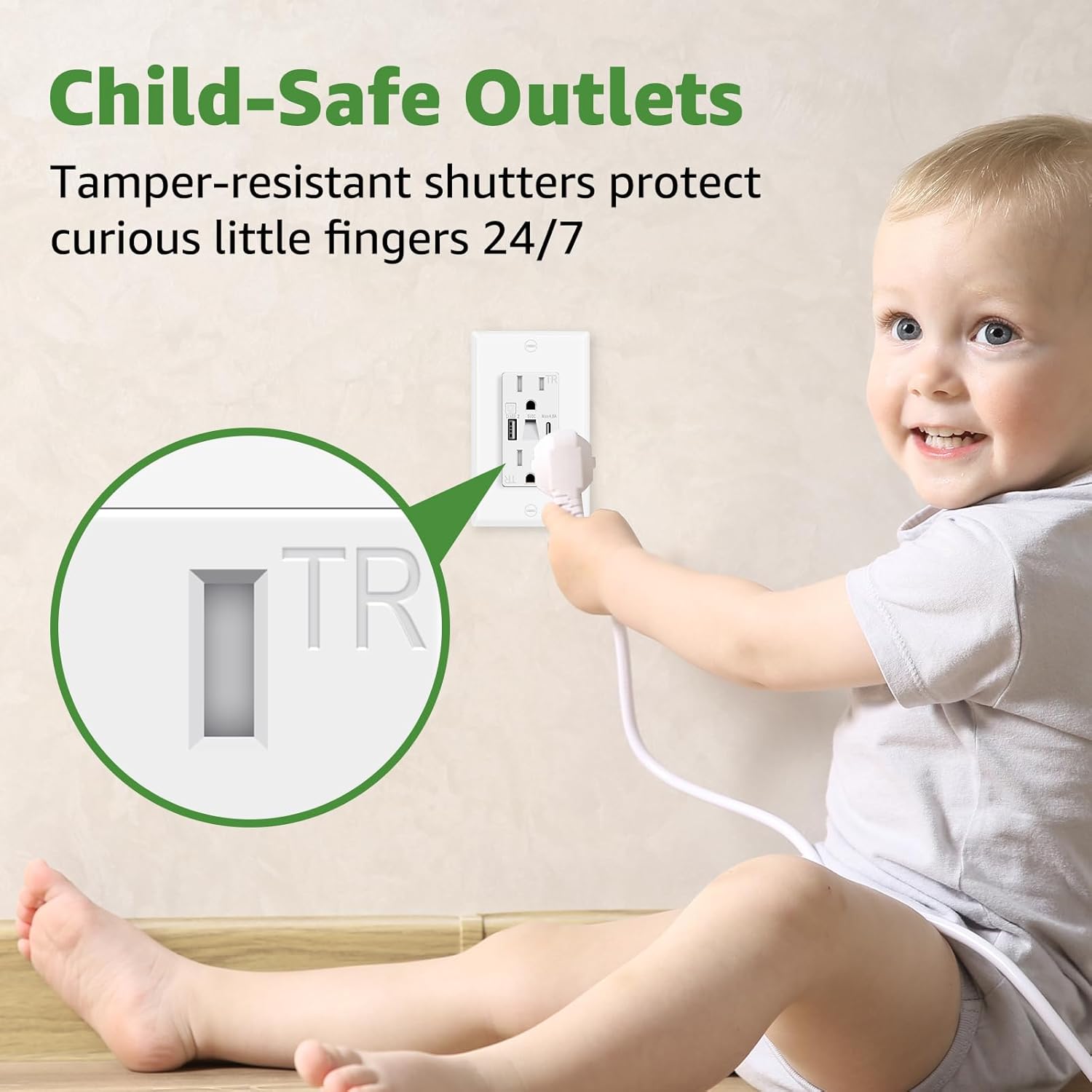 2 Pack USB Wall Outlet with Manual Control Night Light, TR Electrical Receptacle with USB A & USB C Ports, for Bedroom Living Room Hallway Staircase, ETL Listed, White, Includes Wall Plate