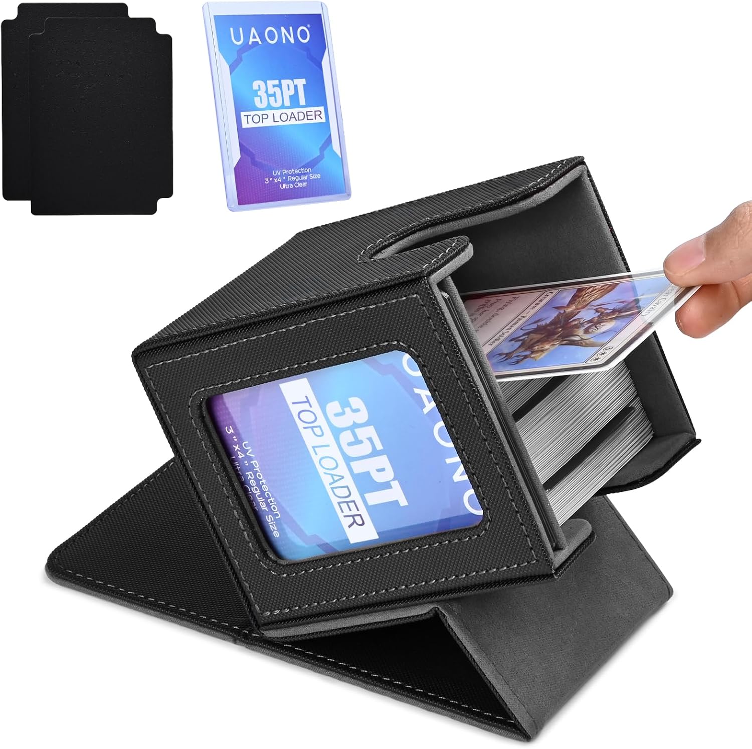 UAONO Card Deck Box with MTG Commander Display, Deck Case Holds 100+ Double-Sleeved Cards, Trading Card Storage Box Fits TCG/PTCG/Sports Card with 2 Dividers, 1 Top Loaders (Black)