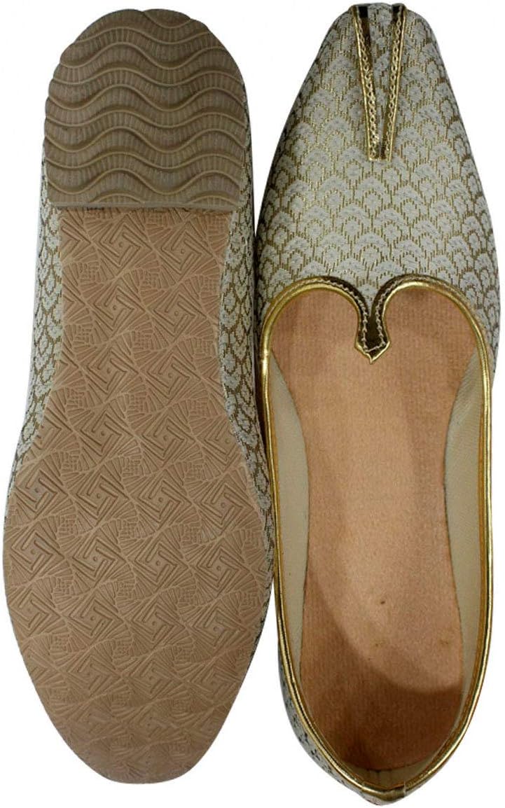Stop n Style Ethnic Punjabi Juttis for Men Flat Mojaris Cultural Shoes Cream Gold Slip Ons