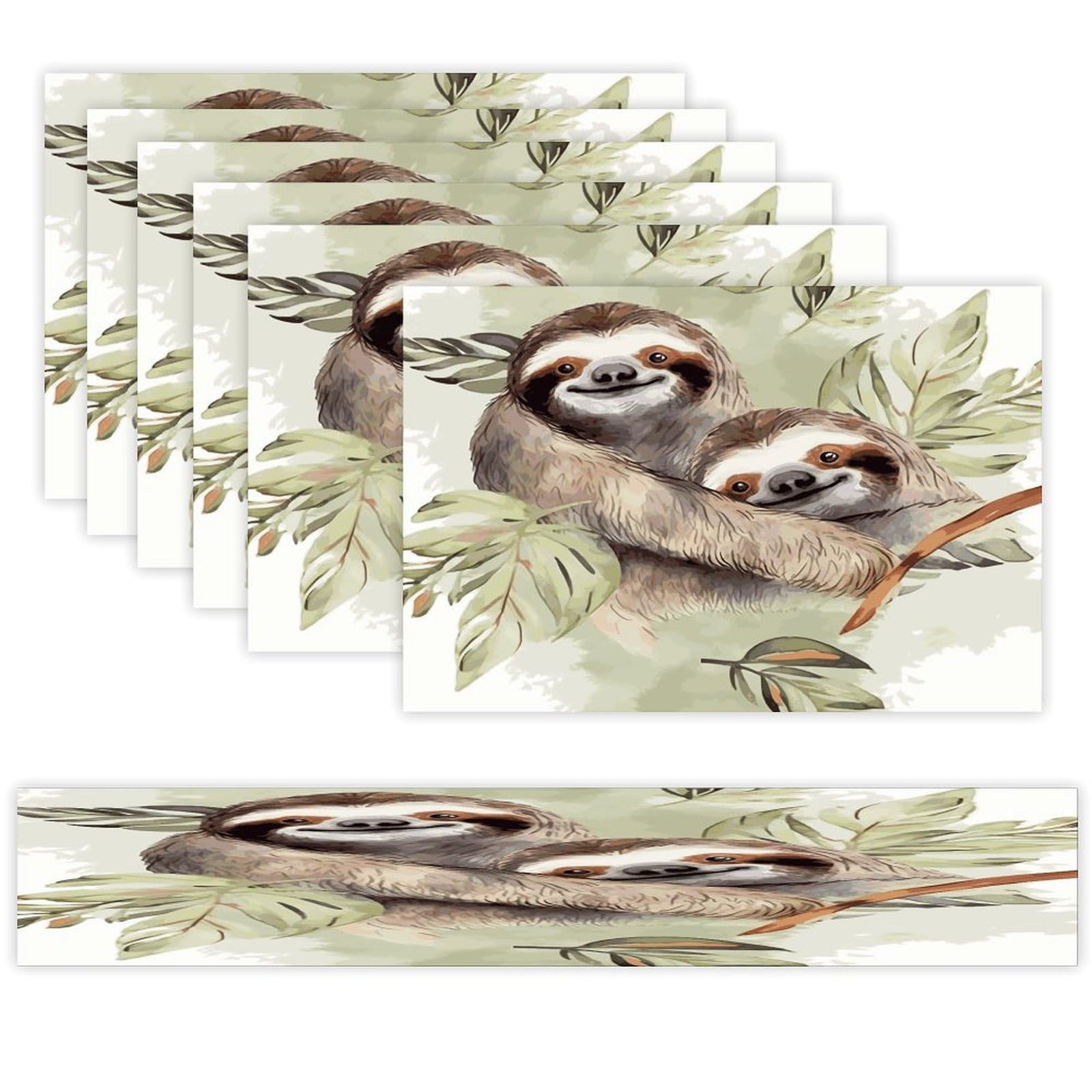 Watercolor Sloth Table Runner and Placemats Set of 6 Wipe Clean Heat Resistant Table Mat with Table Runner Decorations Flax Linen Place Mat Set for Home Kitchen Party Supplies