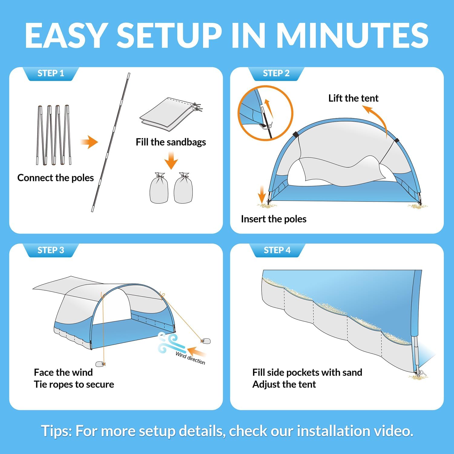 Beach Shade, The Classic Wind-Supported Beach Canopy with UPF 50+ Protection, 7.5ft Tall, Portable & Easy Setup Beach Sun Shelter for 3-6 People