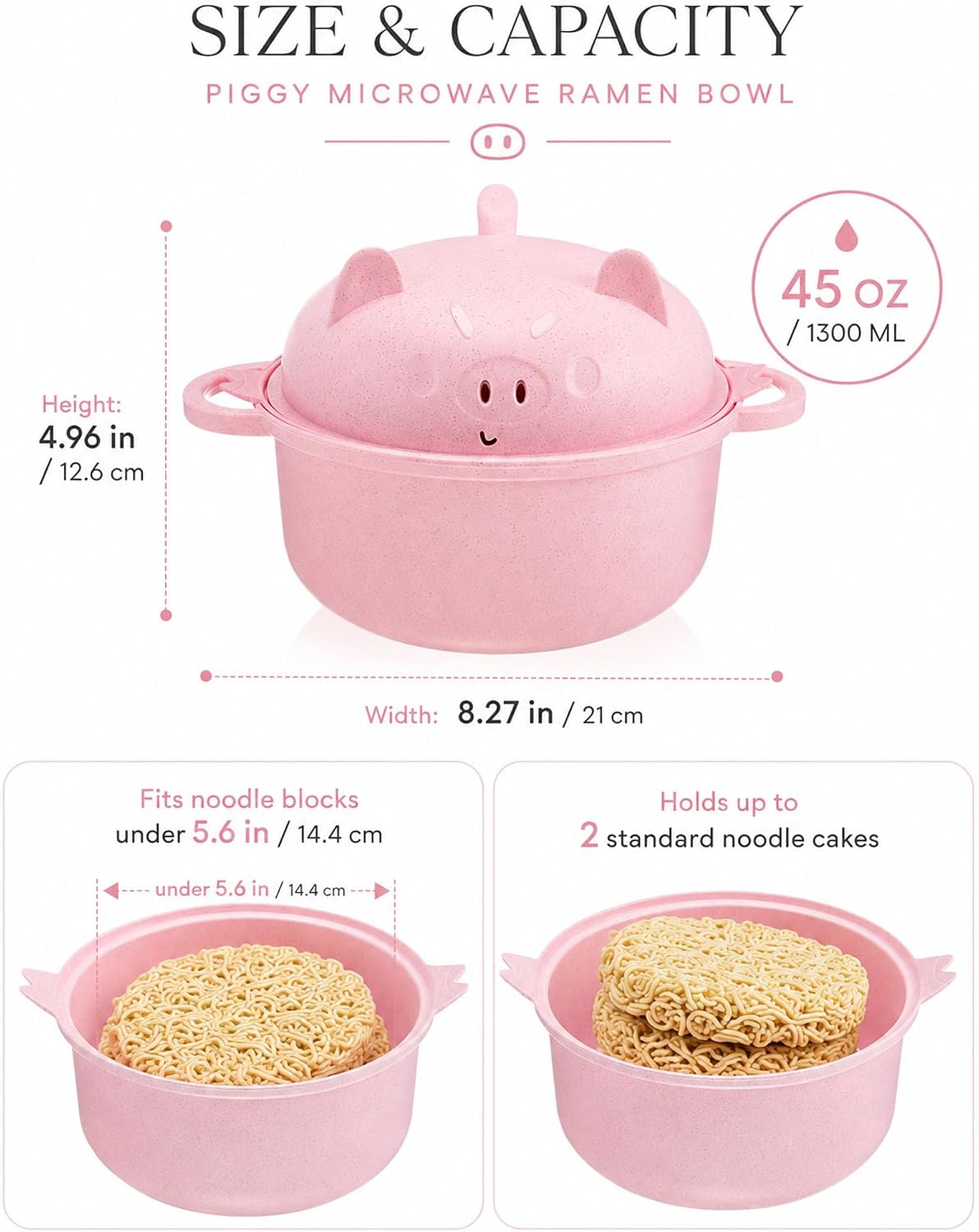 Piggy Microwave Ramen Bowl With Strainer And Utensils，Pink