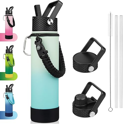Miniatura 12 de BJPKPK Botella de agua aislada con tapa con popote, frascos térmicos de 22 onzas con 3 tapas, mango de paracord y bota antideslizante, vasos de