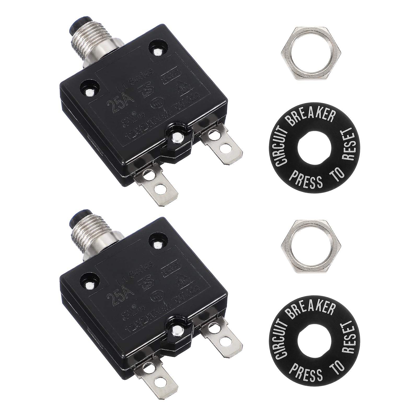 sourcing map 2 Pcs 25Amp Push Button Circuit Breaker,125/250V AC 50V DC Manual Reset Thermal Overload Protector Thermal Circuit Breaker for Industrial Auto Cars
