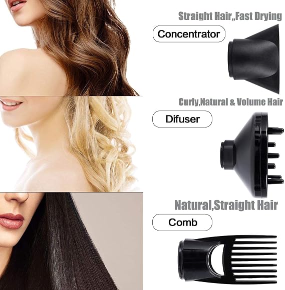 JINRI Hair Dryer, 1875W, 3 Heat & 2 Speed, with Diffuser, with Concentrator, Ionic Technology & Infrared - Black, Detachable Air Intake, Hanging Strap, Non-Foldable, 125V, JR-104