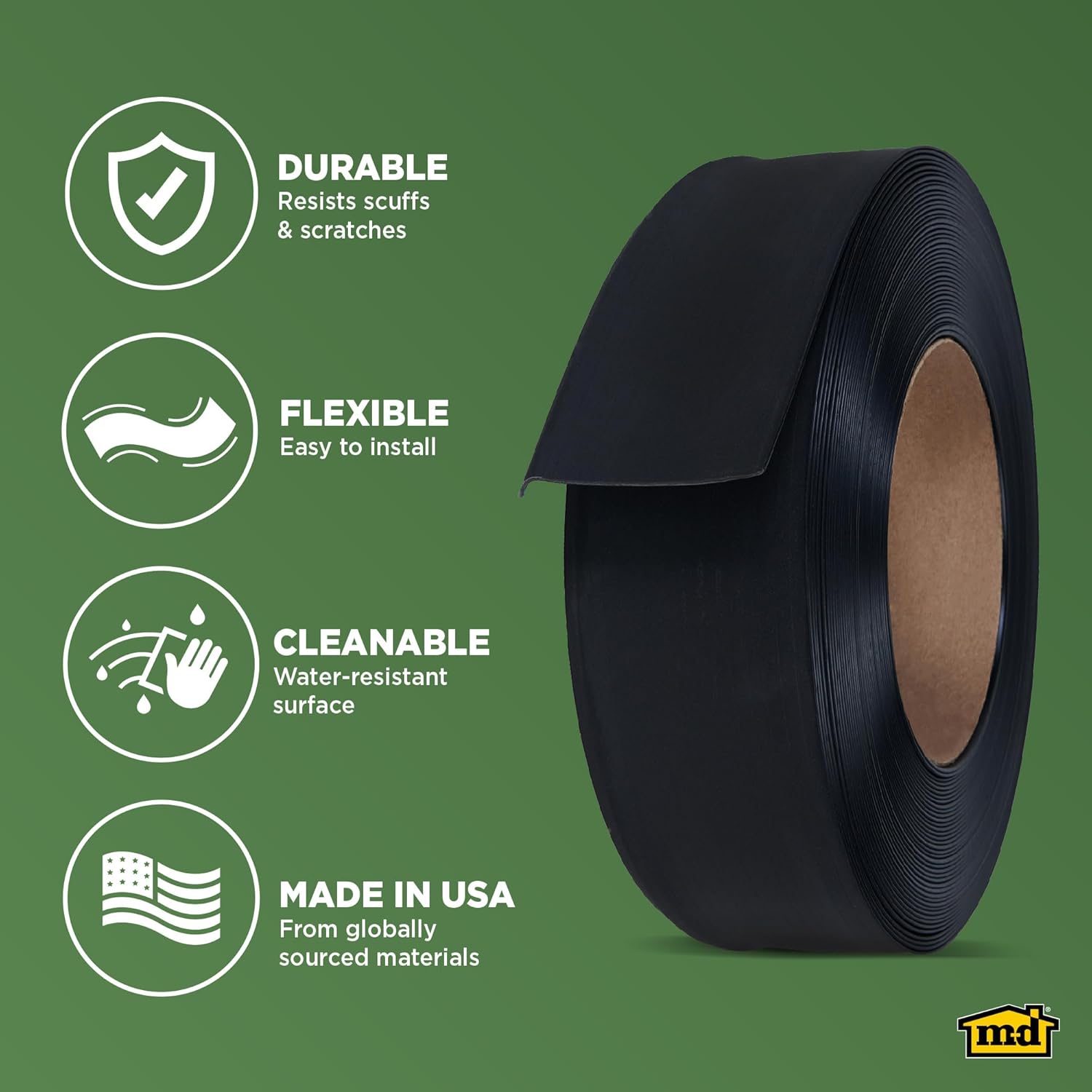 M-D Building Products 4-Inch x 120-Feet Dry Back Vinyl Wall Base, Flexible Dry Back Vinyl Trim with Toe - Easy Install Molding Trim for Floors, Baseboards, Bulk Roll, Black (75457)