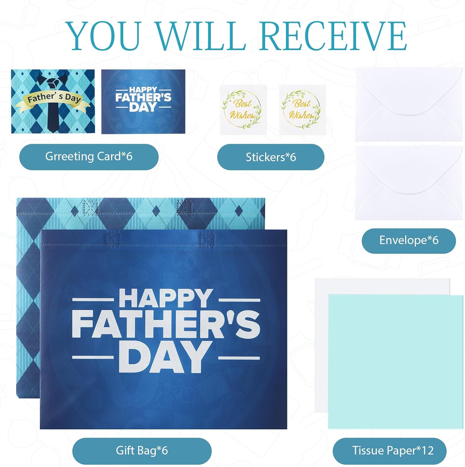 YANGTE 6 Pack 13" Fathers Day Gift Bags with Tissue Paper, Gift Bags Medium, Fathers Day Gift for Men Dad Father Grandpa, Happy Fathers Day Gift for Party Favor Supplies, 12.8"*10.2"*6.3"